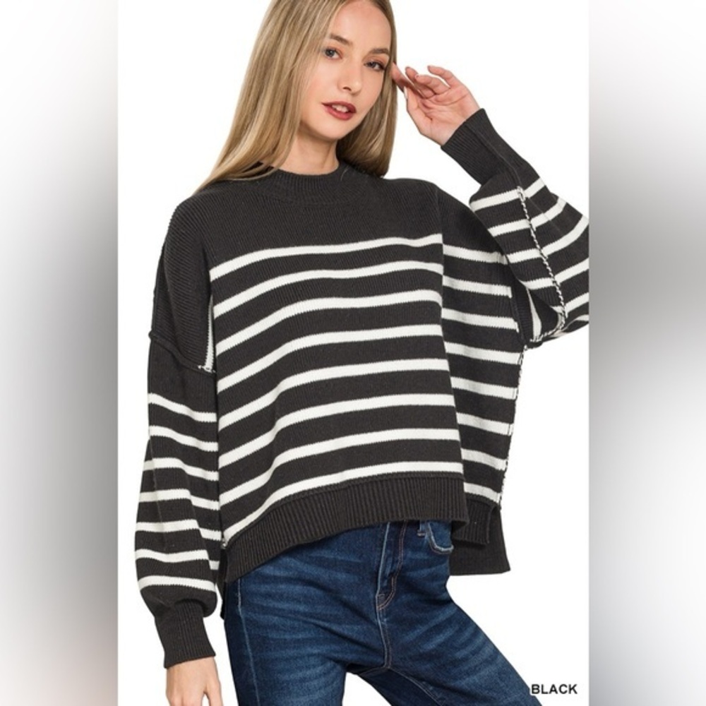Zenana Exposed Seam Striped Oversized Sweater